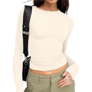 image:imageTrendy Queen Womens Long Sleeve T Shirts Fall Fashion 2026 Basic Crop Tops Going Out Outfits Y2k ClothesLight Apricot