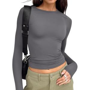 image:imageTrendy Queen Womens Long Sleeve T Shirts Fall Fashion 2026 Basic Crop Tops Going Out Outfits Y2k ClothesLight Gray