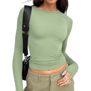 image:imageTrendy Queen Womens Long Sleeve T Shirts Fall Fashion 2026 Basic Crop Tops Going Out Outfits Y2k ClothesLight Green