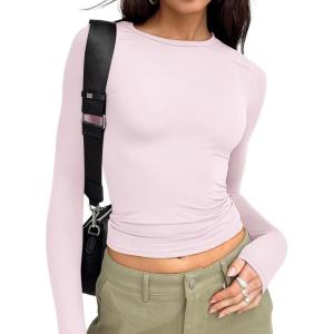 image:imageTrendy Queen Womens Long Sleeve T Shirts Fall Fashion 2026 Basic Crop Tops Going Out Outfits Y2k ClothesLight Pink
