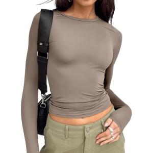 image:imageTrendy Queen Womens Long Sleeve T Shirts Fall Fashion 2026 Basic Crop Tops Going Out Outfits Y2k ClothesMocha