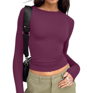image:imageTrendy Queen Womens Long Sleeve T Shirts Fall Fashion 2026 Basic Crop Tops Going Out Outfits Y2k ClothesMulberry