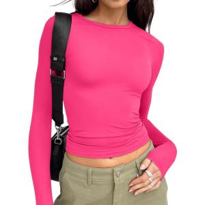 image:imageTrendy Queen Womens Long Sleeve T Shirts Fall Fashion 2026 Basic Crop Tops Going Out Outfits Y2k ClothesNeon Pink