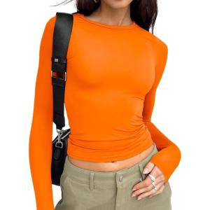 image:imageTrendy Queen Womens Long Sleeve T Shirts Fall Fashion 2026 Basic Crop Tops Going Out Outfits Y2k ClothesOrange