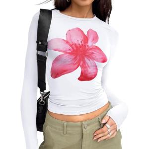 image:imageTrendy Queen Womens Long Sleeve T Shirts Fall Fashion 2026 Basic Crop Tops Going Out Outfits Y2k ClothesPink Flower