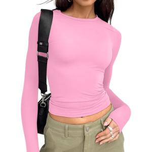image:imageTrendy Queen Womens Long Sleeve T Shirts Fall Fashion 2026 Basic Crop Tops Going Out Outfits Y2k ClothesRose Pink