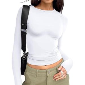 image:imageTrendy Queen Womens Long Sleeve T Shirts Fall Fashion 2026 Basic Crop Tops Going Out Outfits Y2k ClothesWhite