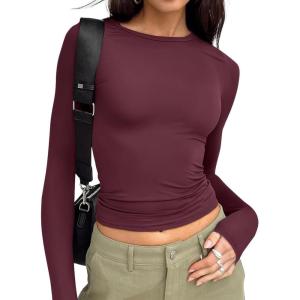 image:imageTrendy Queen Womens Long Sleeve T Shirts Fall Fashion 2026 Basic Crop Tops Going Out Outfits Y2k ClothesWine Red