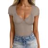image:imageTrendy Queen Womens V Neck TShirts Going Out Tops Short Sleeve Slim Fit Basic Y2K Clothes 2025Beige