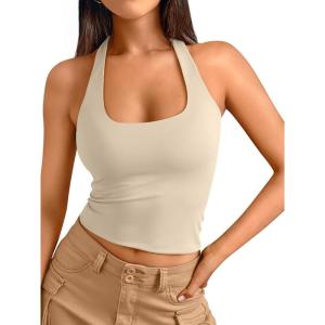 image:imageTrendy Queen Halter Tops for Women 2026 Summer Going Out Tops Backless Crop Sleeveless Workout Shirts Cute Y2k ClothesApricot