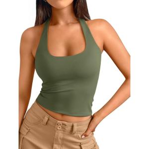 image:imageTrendy Queen Halter Tops for Women 2026 Summer Going Out Tops Backless Crop Sleeveless Workout Shirts Cute Y2k ClothesArmy Green