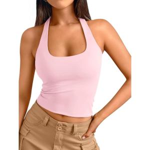 image:imageTrendy Queen Halter Tops for Women 2026 Summer Going Out Tops Backless Crop Sleeveless Workout Shirts Cute Y2k ClothesBabypink