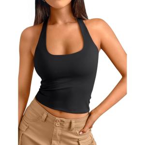 image:imageTrendy Queen Halter Tops for Women 2026 Summer Going Out Tops Backless Crop Sleeveless Workout Shirts Cute Y2k ClothesBlack