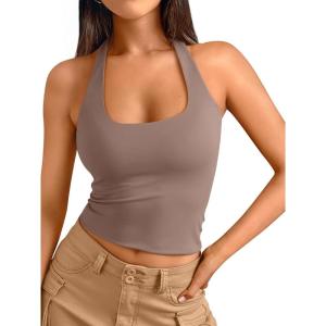 image:imageTrendy Queen Halter Tops for Women 2026 Summer Going Out Tops Backless Crop Sleeveless Workout Shirts Cute Y2k ClothesCoffeegrey