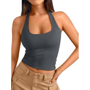 image:imageTrendy Queen Halter Tops for Women 2026 Summer Going Out Tops Backless Crop Sleeveless Workout Shirts Cute Y2k ClothesGreyblue