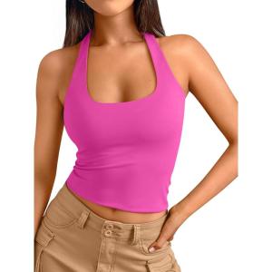 image:imageTrendy Queen Halter Tops for Women 2026 Summer Going Out Tops Backless Crop Sleeveless Workout Shirts Cute Y2k ClothesHot Pink