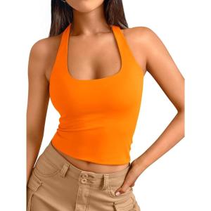 image:imageTrendy Queen Halter Tops for Women 2026 Summer Going Out Tops Backless Crop Sleeveless Workout Shirts Cute Y2k ClothesOrange