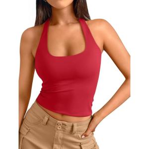 image:imageTrendy Queen Halter Tops for Women 2026 Summer Going Out Tops Backless Crop Sleeveless Workout Shirts Cute Y2k ClothesRed