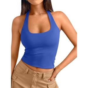 image:imageTrendy Queen Halter Tops for Women 2026 Summer Going Out Tops Backless Crop Sleeveless Workout Shirts Cute Y2k ClothesRoyal Blue