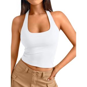 image:imageTrendy Queen Halter Tops for Women 2026 Summer Going Out Tops Backless Crop Sleeveless Workout Shirts Cute Y2k ClothesWhite