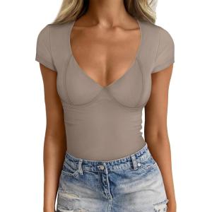 image:imageTrendy Queen Womens V Neck TShirts Going Out Tops Short Sleeve Slim Fit Basic Y2K Clothes 2025Beige