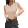 image:imageWomens Mesh Long Sleeve Shirts 2025 Fall Ribbed Knit Fitted Tops Business Dressy Casual Work BlousesBeige Polka Dot