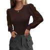 image:imageWomens Mesh Long Sleeve Shirts 2025 Fall Ribbed Knit Fitted Tops Business Dressy Casual Work BlousesBrown