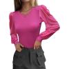 image:imageWomens Mesh Long Sleeve Shirts 2025 Fall Ribbed Knit Fitted Tops Business Dressy Casual Work BlousesRose Pink