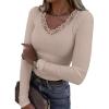 image:imageLong Sleeve Shirts for Women Lace V Neck Ribbed Fitted TShirt Dressy Business Casual Blouses 2026 Trendy Fall TopsBeige