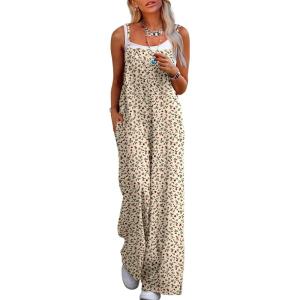 image:imageJumpsuits for Women 2026 Summer Rompers Boho Floral Overalls Casual Wide Leg Long Pant One Piece Vacation OutfitsBeige