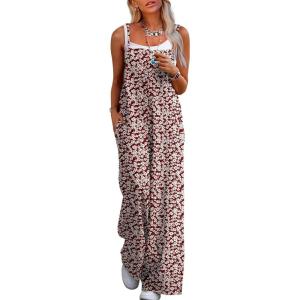 image:imageJumpsuits for Women 2026 Summer Rompers Boho Floral Overalls Casual Wide Leg Long Pant One Piece Vacation OutfitsRed Flower1