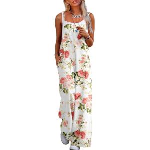 image:imageJumpsuits for Women 2026 Summer Rompers Boho Floral Overalls Casual Wide Leg Long Pant One Piece Vacation OutfitsWhite