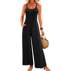 image:imageJumpsuits for Women 2026 Summer Sleeveless Casual Loose Wide Leg Long Pant Rompers One Piece Beach Vacation OutfitsBlack