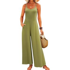 image:imageJumpsuits for Women 2026 Summer Sleeveless Casual Loose Wide Leg Long Pant Rompers One Piece Beach Vacation OutfitsGreen