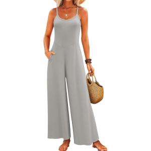 image:imageJumpsuits for Women 2026 Summer Sleeveless Casual Loose Wide Leg Long Pant Rompers One Piece Beach Vacation OutfitsLight Grey