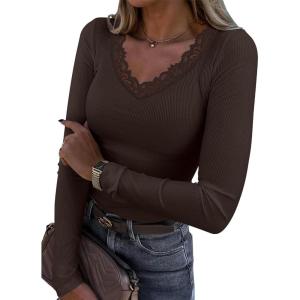 image:imageLong Sleeve Shirts for Women Lace V Neck Ribbed Fitted TShirt Dressy Business Casual Blouses 2026 Trendy Fall TopsCoffee