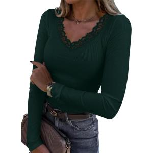 image:imageLong Sleeve Shirts for Women Lace V Neck Ribbed Fitted TShirt Dressy Business Casual Blouses 2026 Trendy Fall TopsDark Green