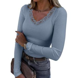 image:imageLong Sleeve Shirts for Women Lace V Neck Ribbed Fitted TShirt Dressy Business Casual Blouses 2026 Trendy Fall TopsGrayblue