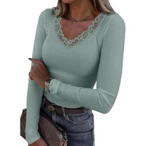 image:imageLong Sleeve Shirts for Women Lace V Neck Ribbed Fitted TShirt Dressy Business Casual Blouses 2026 Trendy Fall TopsGrayish Green