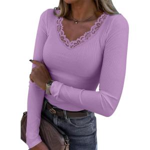 image:imageLong Sleeve Shirts for Women Lace V Neck Ribbed Fitted TShirt Dressy Business Casual Blouses 2026 Trendy Fall TopsLavender
