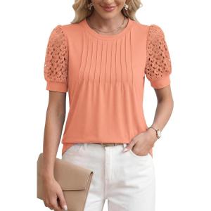 image:imageWomens Dressy Casual Blouses Puff Short Sleeve Lace Pleated Tops Business Work Shirts 2026 Trendy Summer T ShirtCoral