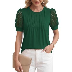 image:imageWomens Dressy Casual Blouses Puff Short Sleeve Lace Pleated Tops Business Work Shirts 2026 Trendy Summer T ShirtGreen