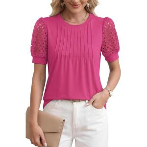 image:imageWomens Dressy Casual Blouses Puff Short Sleeve Lace Pleated Tops Business Work Shirts 2026 Trendy Summer T ShirtHot Pink