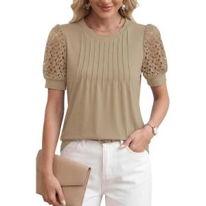 image:imageWomens Dressy Casual Blouses Puff Short Sleeve Lace Pleated Tops Business Work Shirts 2026 Trendy Summer T ShirtKhaki
