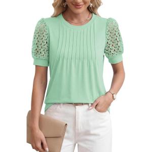 image:imageWomens Dressy Casual Blouses Puff Short Sleeve Lace Pleated Tops Business Work Shirts 2026 Trendy Summer T ShirtLight Green