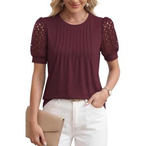 image:imageWomens Dressy Casual Blouses Puff Short Sleeve Lace Pleated Tops Business Work Shirts 2026 Trendy Summer T ShirtWine Red