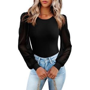 image:imageWomens Mesh Long Sleeve Shirts 2025 Fall Ribbed Knit Fitted Tops Business Dressy Casual Work BlousesBlack