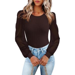 image:imageWomens Mesh Long Sleeve Shirts 2025 Fall Ribbed Knit Fitted Tops Business Dressy Casual Work BlousesBrown