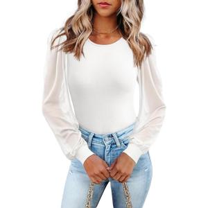 image:imageWomens Mesh Long Sleeve Shirts 2025 Fall Ribbed Knit Fitted Tops Business Dressy Casual Work BlousesWhite