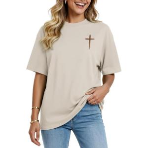 image:imageWomens Oversized T Shirts Graphic Tees Summer Short Sleeve Casual Loose Crewneck Basic Tunic Tops Trendy 2026Beige2